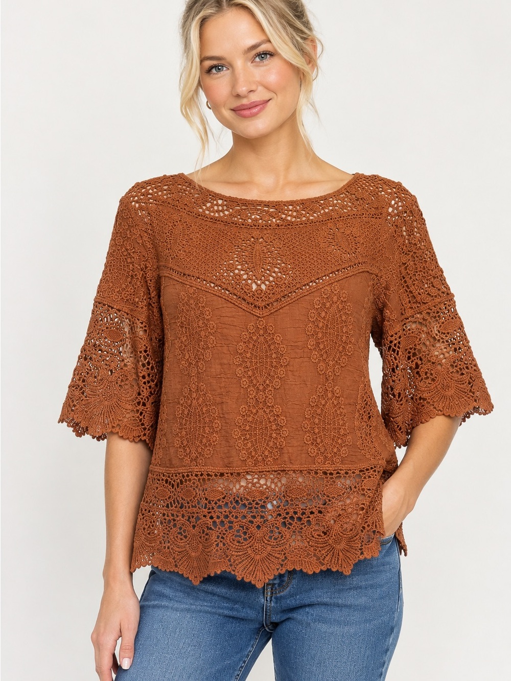 Democracy Orange Rust 100% Cotton Crochet Lace Bell Sleeve Top Size Small